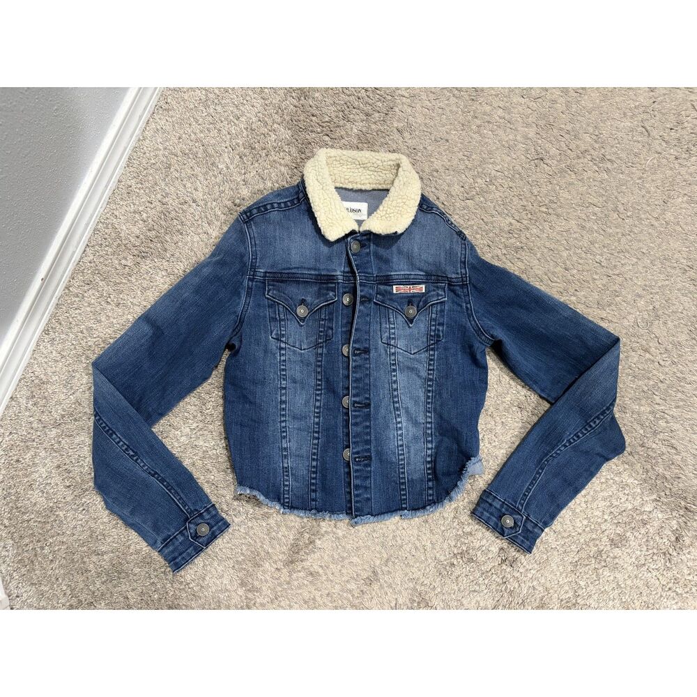 Hudson Kids Girls Sherpa Collar Denim Trucker Jacket, Size L. Stretch denim